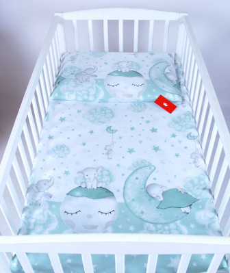 Obliečky do postieľky 120/90 cm - Slon na Mesiaci / šalvia