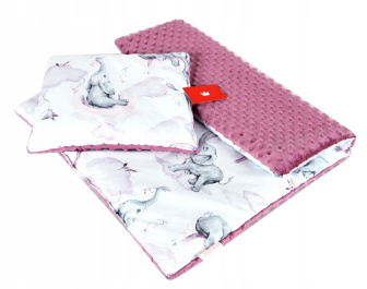 Polštářek + deka do kočárku minky - slůně/ růžová