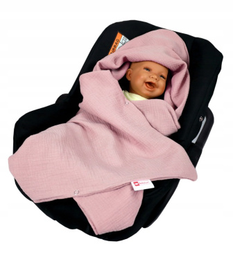 Mušelínová deka s kapucňou do autosedačky 90x90 cm - ružová