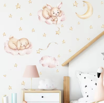Samolepiaca dekorácia na stenu - Zajačik a psík v nebesiach