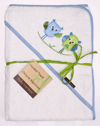 Bambusová osuška s kapucí 100x100 cm sovy bílo - modrá