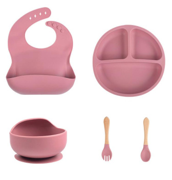 Silikónová jedálenská súprava pre deti 5 ks - púdrovo ružová