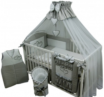 Postýlka + 16-ti dílná luxusní vyšívaná sada dvě srdíčka -šedá