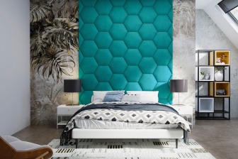 Čalouněný nástěnný panel Hexagon 40 x 34,5 x 5 cm zelenomodrá