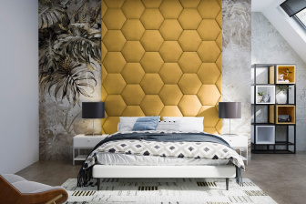Čalúnený nástenný panel plot Hexagon 30 x 26 x 5 cm hořčicová