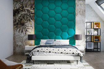 Čalúnený nástenný panel plot Hexagon 30 x 26 x 3 cm tyrkysová